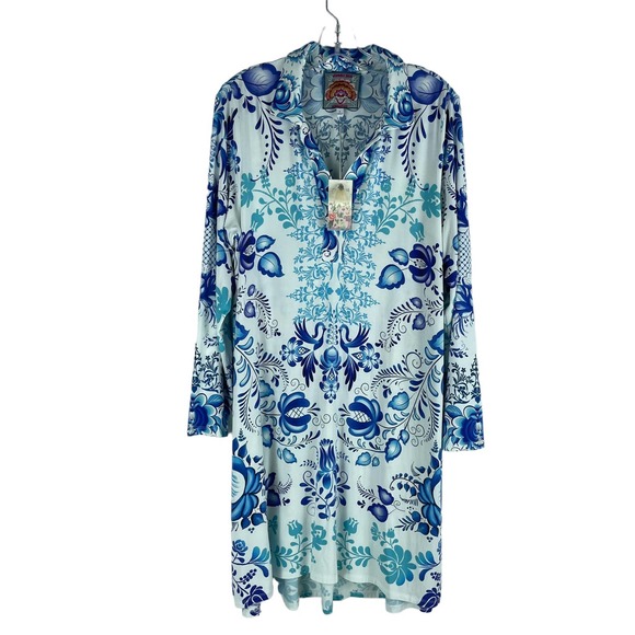 NWT Johnny Was Farrow Swing Polo Dress Botanical Print Blue White Size L - Picture 2 of 7